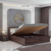 Moon Solid Sheesham Wood Hydraulic Bed With Cushioned Headboard (King Size, Walnut Finish)